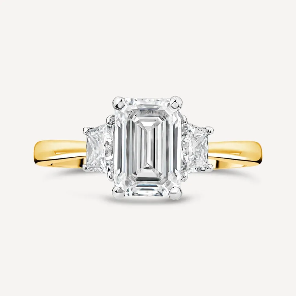 Born 18ct Yellow Gold 1.86ct Lab Grown Emerald Centre & Trapezoid Shaped Sides Diamond Ring