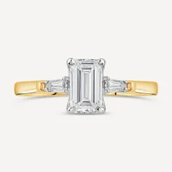 Born 18ct Yellow Gold 1.38ct Lab Grown Emerald Cut & Baguette Diamond Sides Ring