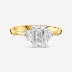 Born 18ct Yellow Gold 1.78ct Lab Grown Emerald Centre & Cadillac Shaped Sides Diamond Ring
