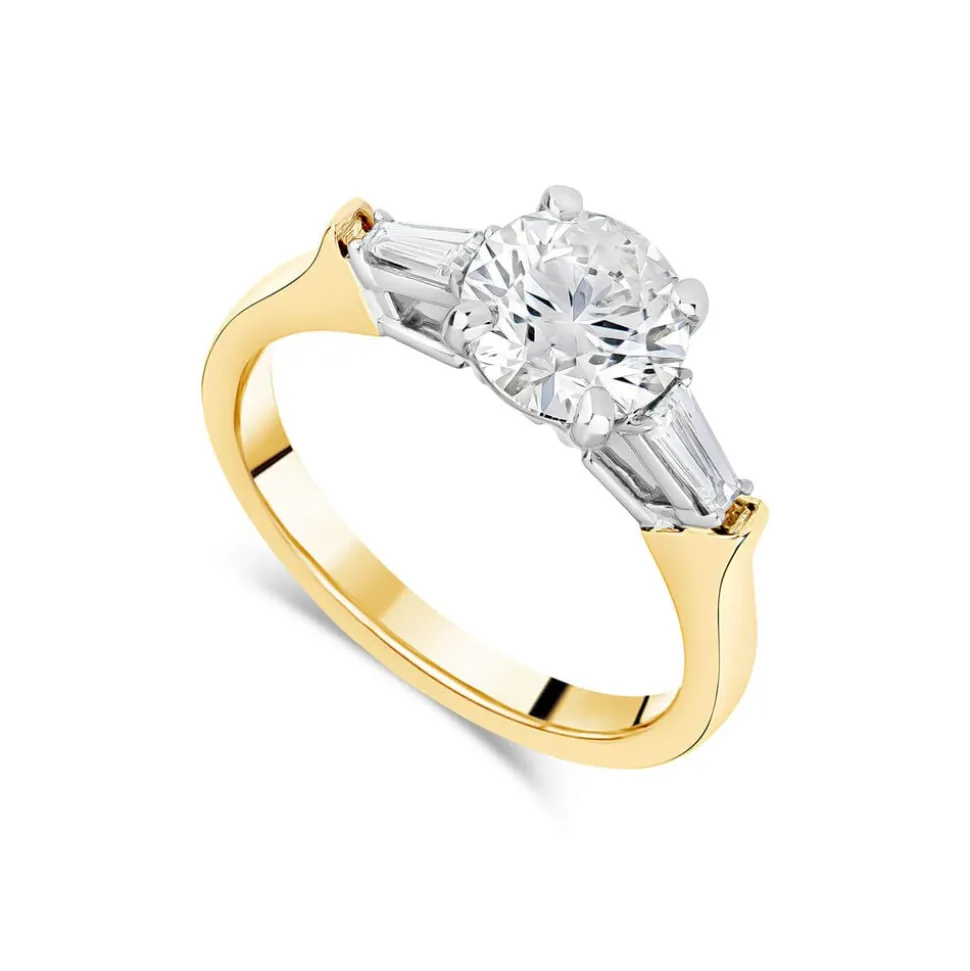 Born 18ct Yellow Gold 1.38ct Round Solitaire & Baguette Diamond Sides Ring