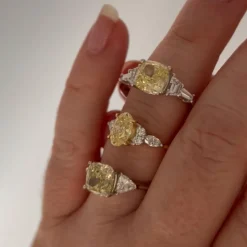 Born Platinum & 18ct YG Head 2.50ct Yellow Cushion Centre Trilogy Lab Grown Diamond Sides Ring