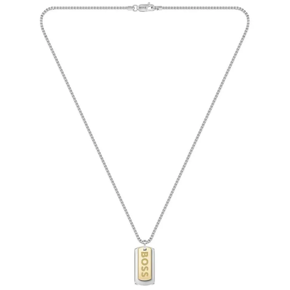 BOSS Devon Branded Double Tag Pendant Box Chain Steel Necklace