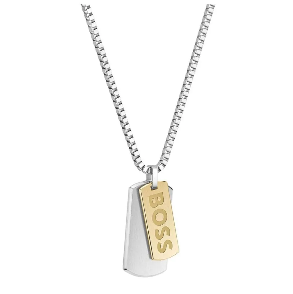 BOSS Devon Branded Double Tag Pendant Box Chain Steel Necklace
