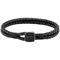 BOSS Double Rope Black Leather Mens Bracelet