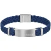 BOSS Dylan Navy Blue Leather Stainless Steel Plate Bracelet