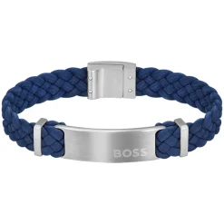 BOSS Dylan Navy Blue Leather Stainless Steel Plate Bracelet