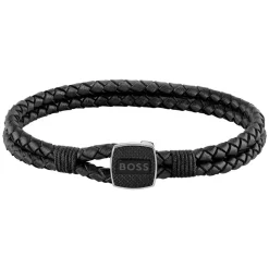 BOSS Gents Seal Braided Black Leather Bracelet