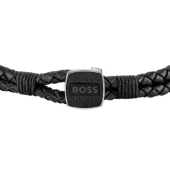BOSS Gents Seal Braided Black Leather Bracelet