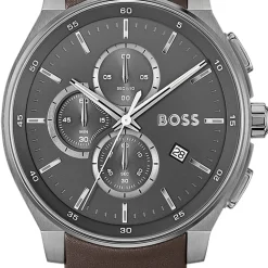 BOSS Peak 2.0 Chronograph 45mm Grey Matte Dial Brown Leather Strap Watch
