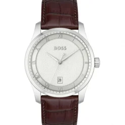 BOSS Principle 41mm Silver Dial 3 Hand Brown Leather Strap Watch
