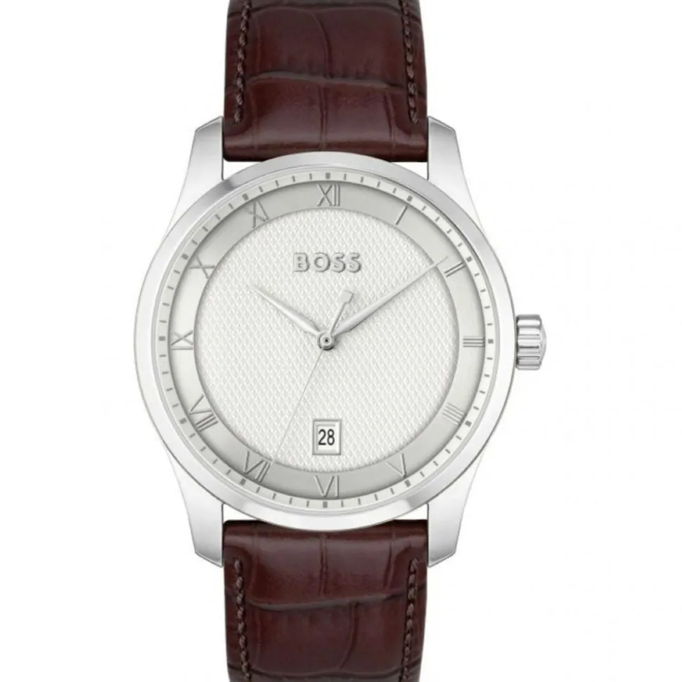 BOSS Principle 41mm Silver Dial 3 Hand Brown Leather Strap Watch