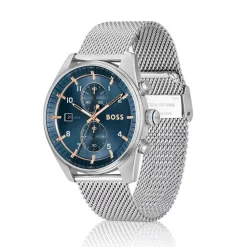 BOSS Skytraveller Chronograph 44mm Blue Dial Steel Mesh Bracelet Watch