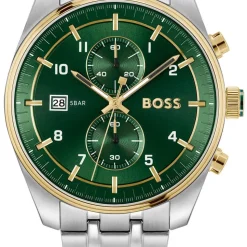 BOSS Skytraveller Chronograph 44mm Green Dial Gold Tone Bezel Steel Bracelet Watch