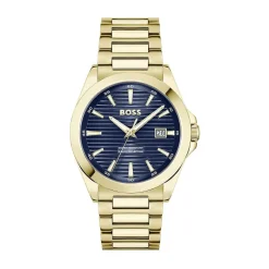 BOSS Strike 41mm Blue Textured Dial Gold Tone Steel Bracelet Watch