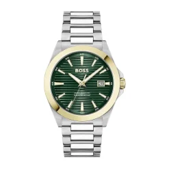 BOSS Strike 41mm Green Textured Dial Gold Tone Bezel Steel Bracelet Watch