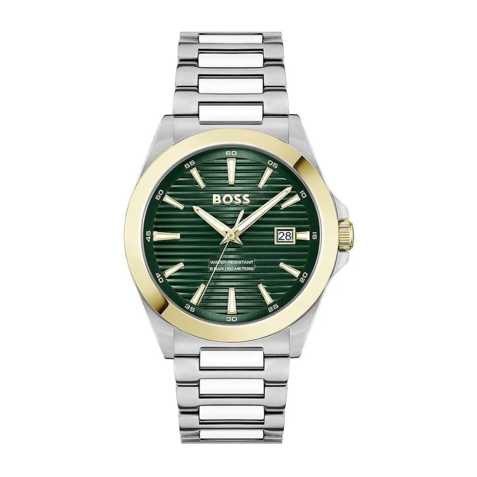BOSS Strike 41mm Green Textured Dial Gold Tone Bezel Steel Bracelet Watch