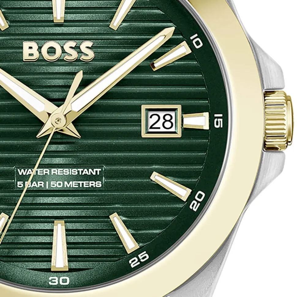 BOSS Strike 41mm Green Textured Dial Gold Tone Bezel Steel Bracelet Watch
