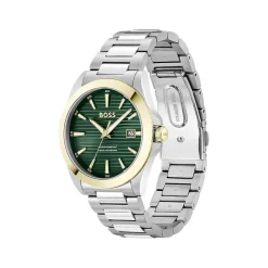 BOSS Strike 41mm Green Textured Dial Gold Tone Bezel Steel Bracelet Watch