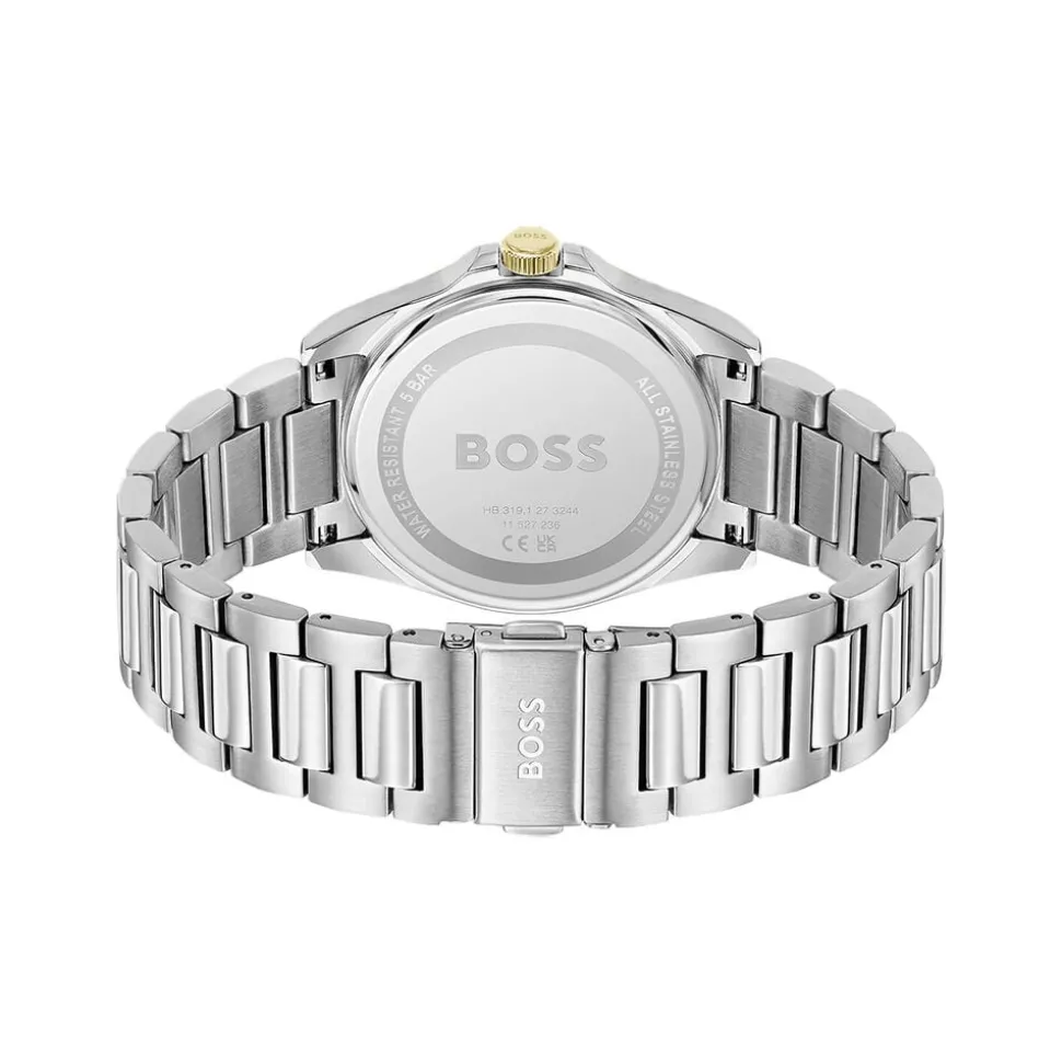 BOSS Strike 41mm Green Textured Dial Gold Tone Bezel Steel Bracelet Watch