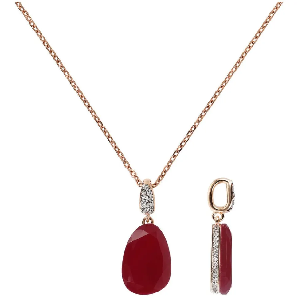 Bronzallure Cameo Collection Plum Agate Cubic Zirconia Tear Drop Pendant 17.5' Ladies Necklace
