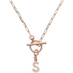 Bronzallure Mini Paper Link With Latter S Pave And T-Bar Necklace