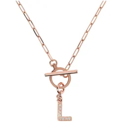 Bronzallure Mini Paper Link With Latter L Pave And T-Bar Necklace