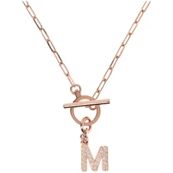Bronzallure Mini Paper Link With Latter M Pave And T-Bar Necklace