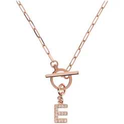 Bronzallure Mini Paper Link With Latter E Pave And T-Bar Necklace