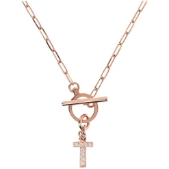 Bronzallure Mini Paper Link With Latter T Pave And T-Bar Necklace