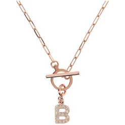 Bronzallure Mini Paper Link With Latter B Pave And T-Bar Necklace