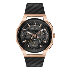 Bulova Curv 44mm Quartz Rose Gold Pvd Black Rubber Strap Watch