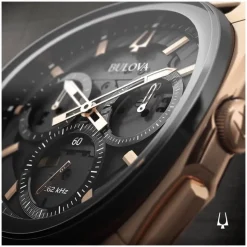 Bulova Curv 44mm Quartz Rose Gold Pvd Black Rubber Strap Watch