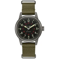 Bulova Hack 38mm Black Dial Green NATO Leather Strap Watch