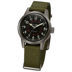Bulova Hack 38mm Black Dial Green NATO Leather Strap Watch