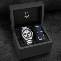Bulova Heritage Lunar Pilot 43.5mm Chronograph White & Blue Dial Bracelet Watch