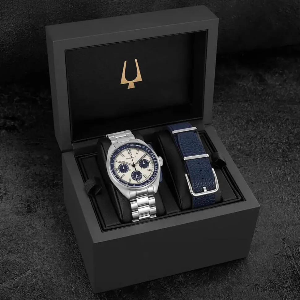 Bulova Heritage Lunar Pilot 43.5mm Chronograph White & Blue Dial Bracelet Watch