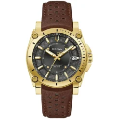 Bulova Icon 40mm Black Dial Gold Tone Case Brown Leather Strap Watch