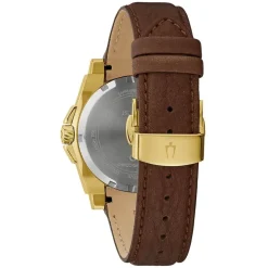 Bulova Icon 40mm Black Dial Gold Tone Case Brown Leather Strap Watch