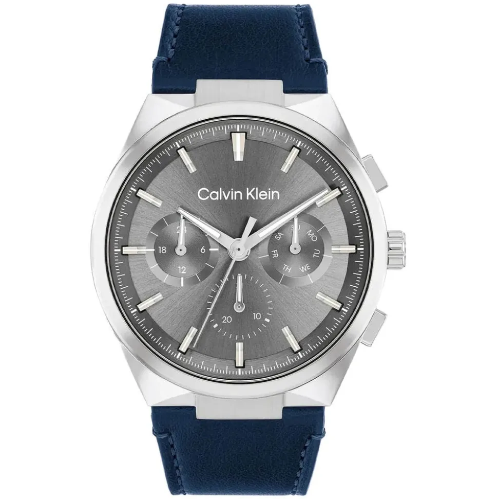 Calvin Klein 44mm Grey Dial Blue Leather Strap Watch