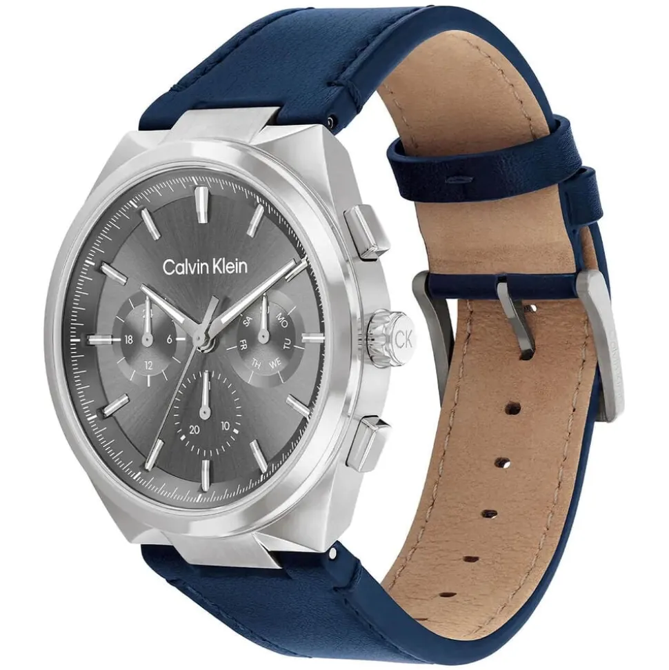 Calvin Klein 44mm Grey Dial Blue Leather Strap Watch