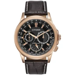 Citizen Eco Drive Calendrier World Time Black & Rose Gold Chronograph Dial Leather Strap Watch