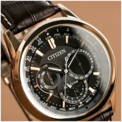 Citizen Eco Drive Calendrier World Time Black & Rose Gold Chronograph Dial Leather Strap Watch