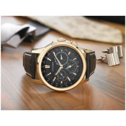 Citizen Eco Drive Calendrier World Time Black & Rose Gold Chronograph Dial Leather Strap Watch