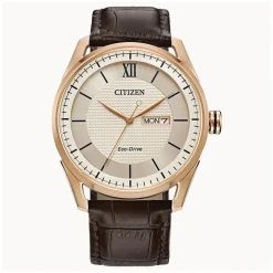 Citizen Eco Drive Champagne Dial Rose Case Brown Leather Strap Watch