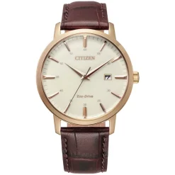 Citizen Eco Drive Rose Case Cream Dial Brown Leather Strap Date Feature Batons Watch