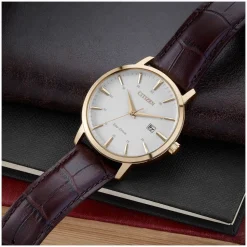 Citizen Eco Drive Rose Case Cream Dial Brown Leather Strap Date Feature Batons Watch