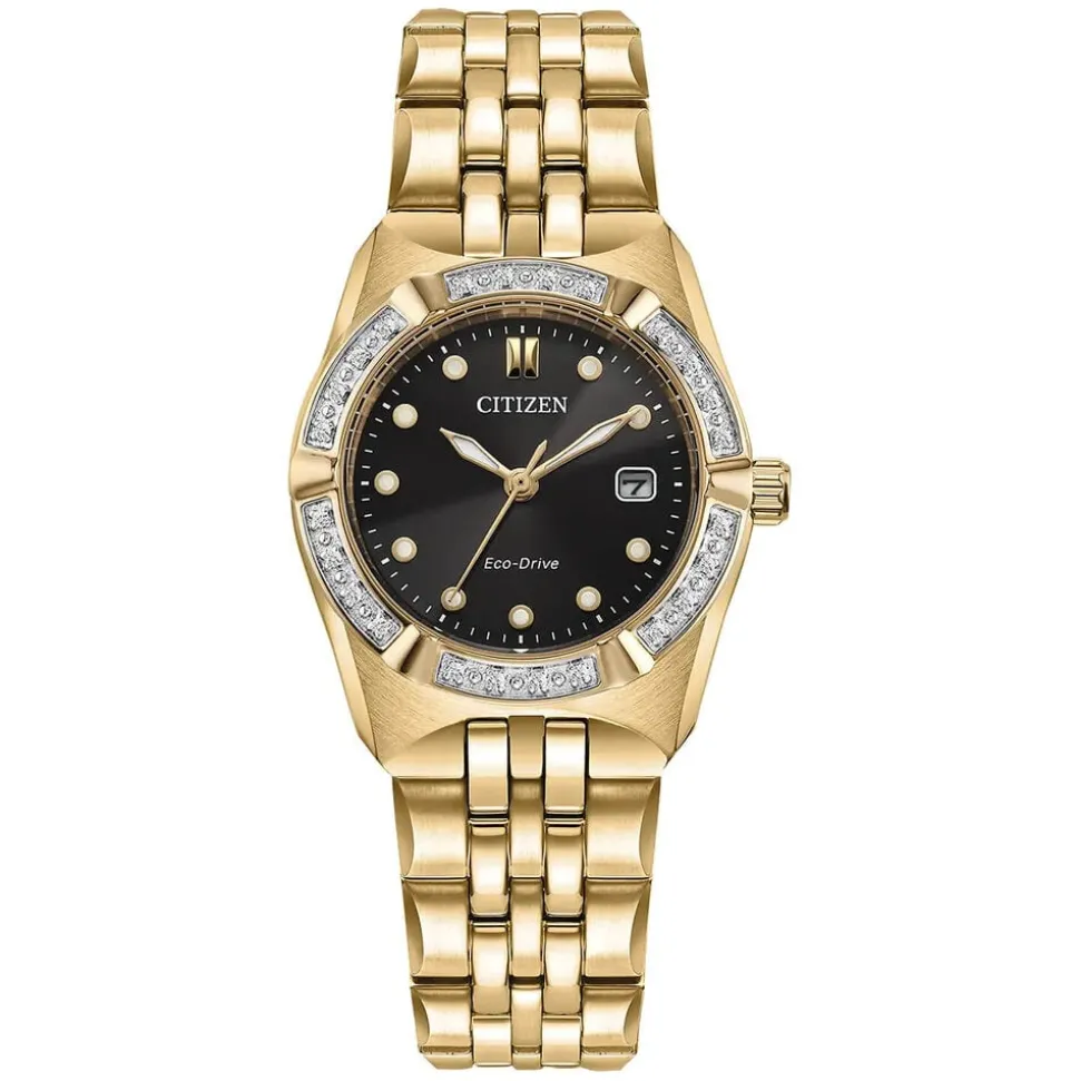Citizen Eco-Drive Corso 28mm Black Dial Diamond Bezel Gold-Toned Steel Bracelet
