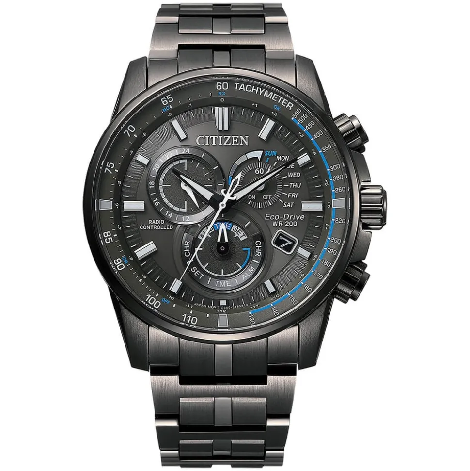 Citizen PCAT Eco Drive Worldtime Grey & Blue Chronograph Charcoal Bracelet Watch