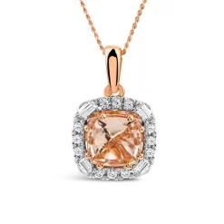 9ct Rose Gold Cushion Morganite & 0.25ct Baguette & Brilliant Diamond Surrounded Pendant