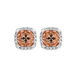9ct Rose Gold Cushion Morganite & 0.20ct Baguette & Brilliant Diamond Surrounded Stud Earrings